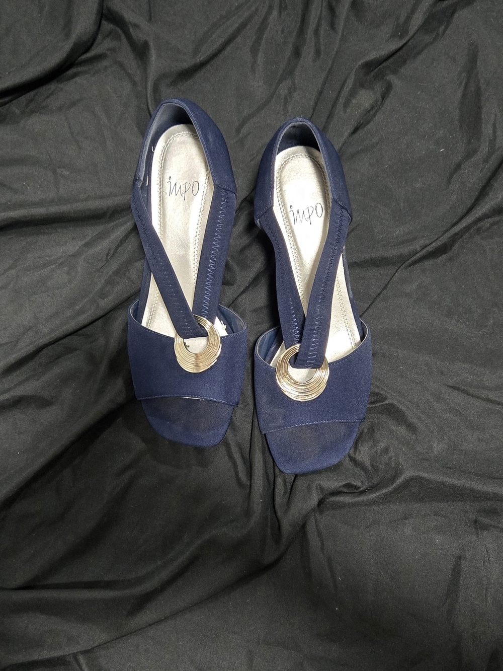 Impo Navy Open-Toe Slingback Heels with Gold Ring Detail